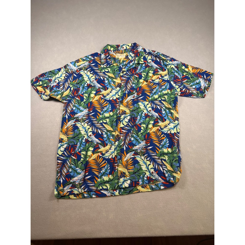 Ocean & Coast Mens Large Tropical Bird Palm Leaf Print Button Down Shirt Blue
